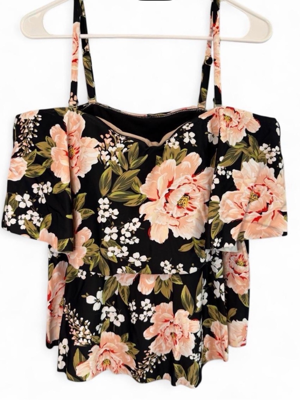 Kona Sol Black Floral Cold-Shoulder Tank with Peach Blooms
